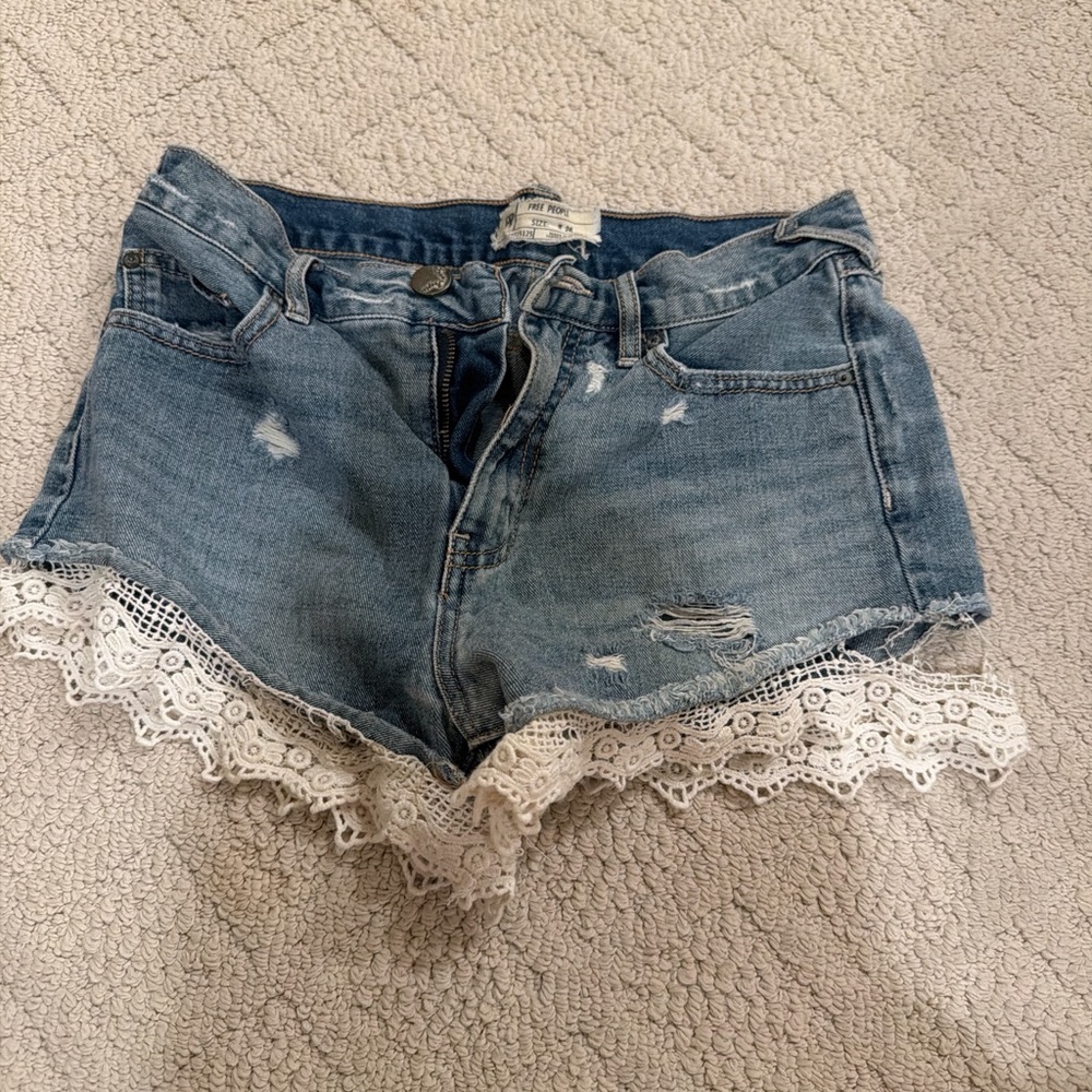 Free People Blue Jean Shorts with Lace Trim
